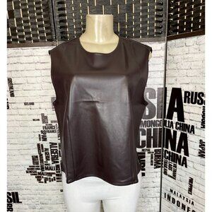 Halogen Nordstrom L Chocolate Brown Faux Leather Crew Neck Sleeveless Shell Top